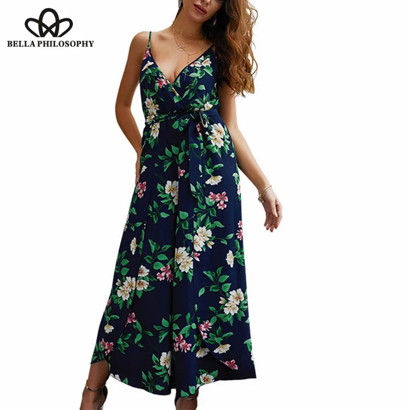 2019 NEW Summer Sexy Split Jumpsuits Vintage V-Neck Female Print Floral Jumpsuits Casual Strap Beach Lady Beach Rompers Wonder