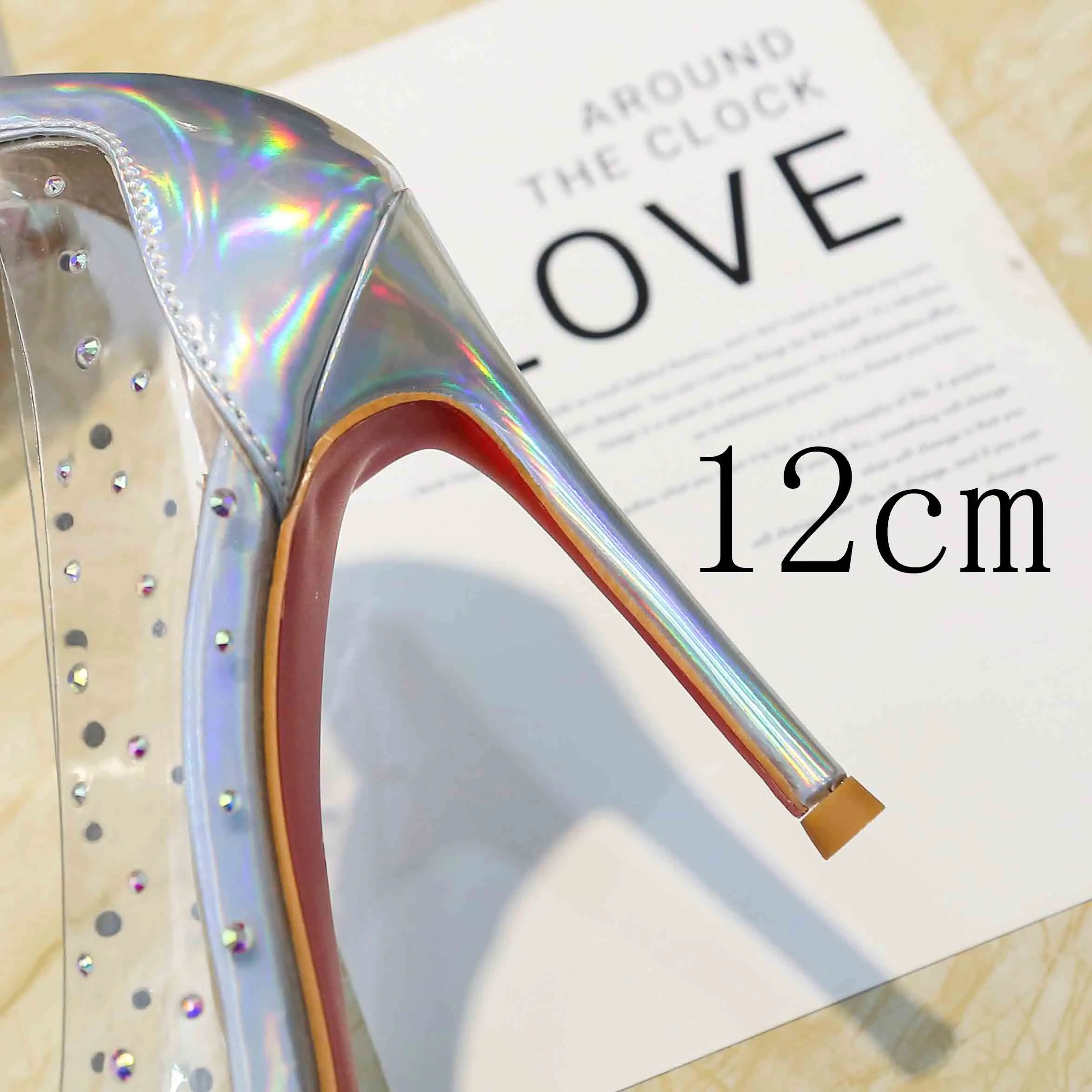 Туфли с красным верхом на высоком каблуке цвета: золотистый, серебристый с украшением в виде кристаллов; Цвет Стразы прозрачные свадебные туфли невесты; прозрачные женские вечерние Высота каблука 10 см или 12 см - Цвет: Silver 12CM