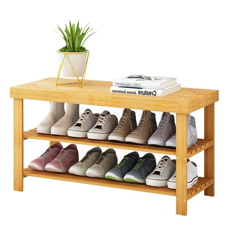

Bamboo change shoe bench Shoe cabinet simple solid wood door can sit storage stool European shoe rack
