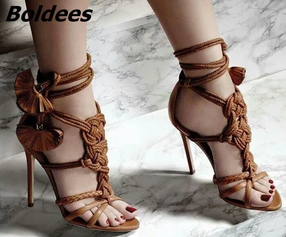 Designer Brown Rope Fringed Flowers Thin High Heels Shoes Women Open Toe Strappy Fancy Sandals Designer Brown Rope Fringed Flowers Thin High Heels Shoes Women Open Toe Strappy Fancy Sandals