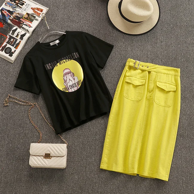 

Women's Summer 2PCS Sets Printed Fashion O-Neck Short Sleeve Cotton T-shirts Pullover Tees+Pockets High Waist Split Denim Skirts