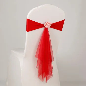 

14 Colours spandex sash with rose ball artifical flower and organza chair sash wedding lycra bow tie band wholesale chair sash