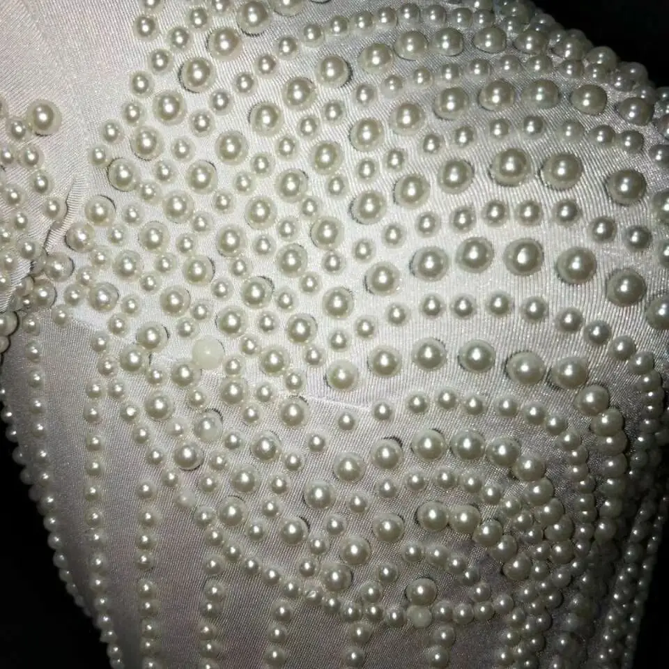 Полный жемчуг Белый эластичный Облегающий комбинезон боди с длинным рукавом Комбинезоны Сексуальная певица представление DJ костюм для