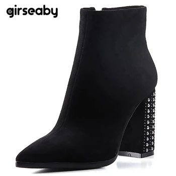 

Girseaby Autumn Winter Boots women Pointed toe Block metal Heel Flock Fashion Lady ankle boots Dress Black Shoes Rivets Zipper