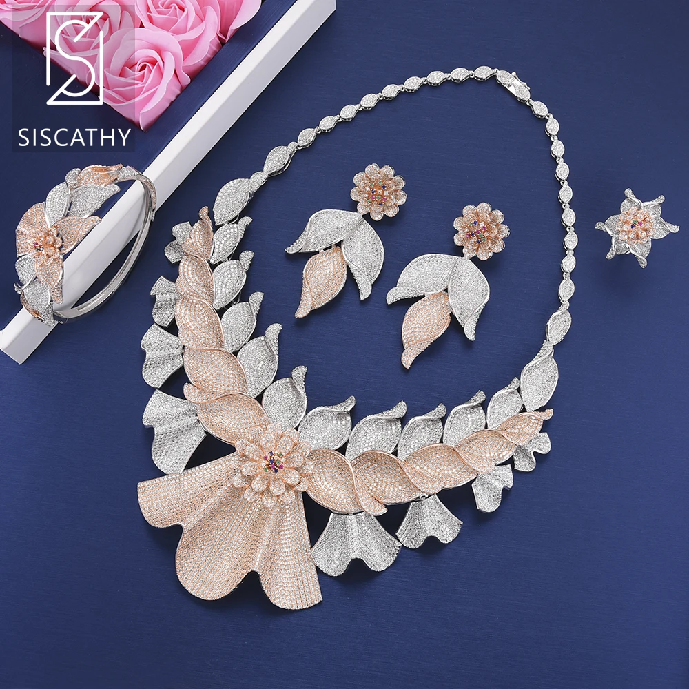 

Siscathy 4PCS Luxury Nigerian Bridal Jewelry Sets Cubic Zirconia Collar Necklace Earrings Bangle Resizable Ring Jewelry Sets
