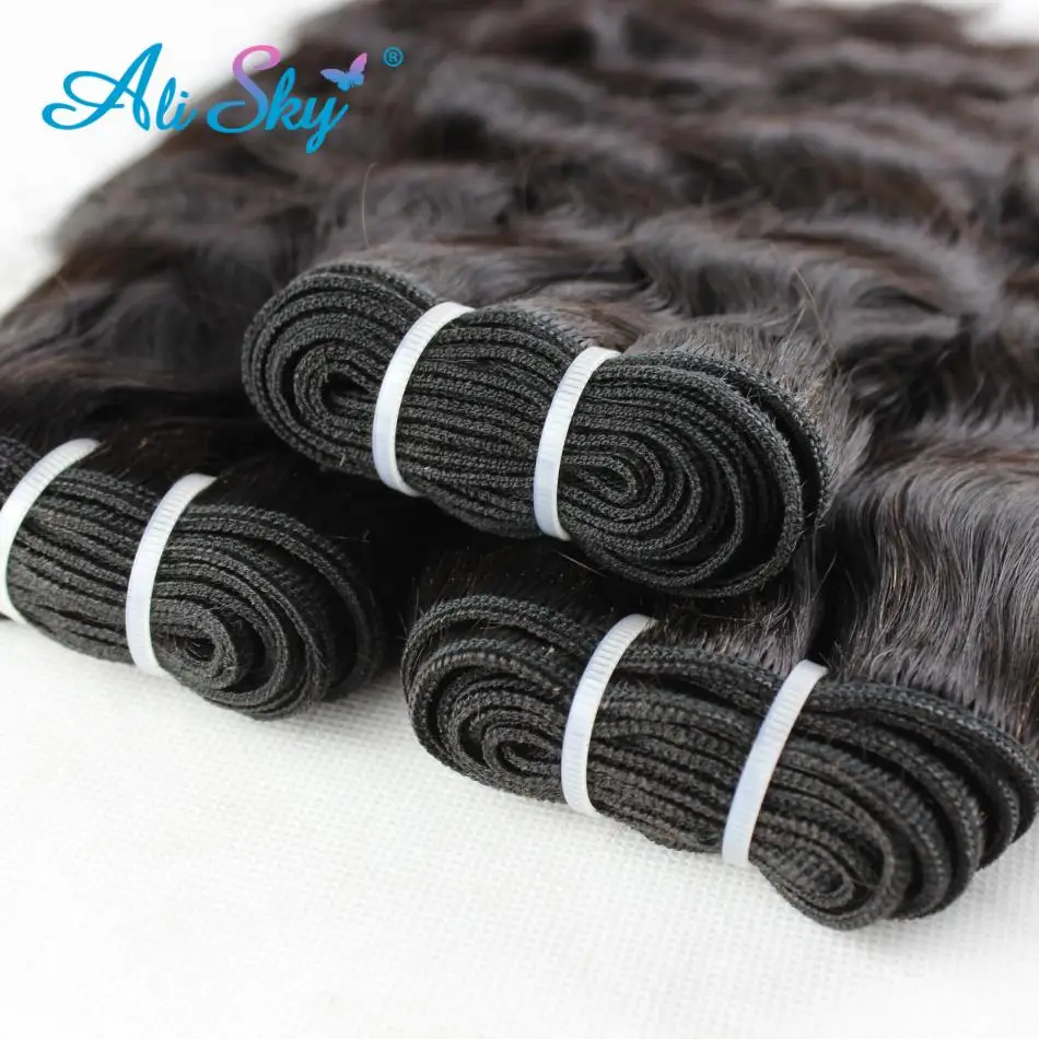 Ali Sky Hair Brazilian Natural Wave With Closure 3 Bundles With 13*4 Free Part Ear to Ear Lace Frontal Pre-colored non-Remy Hair