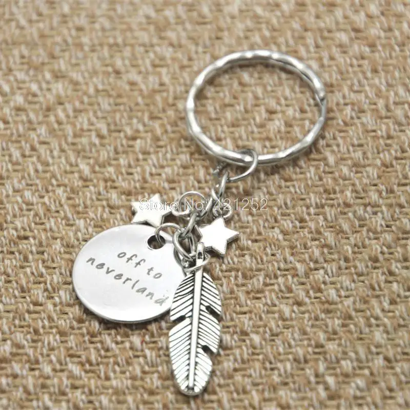 

12pcs/lot Peter Pan Inspired keyring Off to neverland crystals Peter Pan gift Never land silver tone key chain