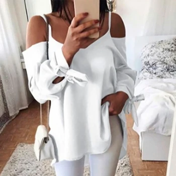 

Summer Autumn Women Long-Sleeved Shirts Sexy Sling Off Shoulder V-Neck Loose Bow Tie Sleeve Tops Casual Solid Shirts