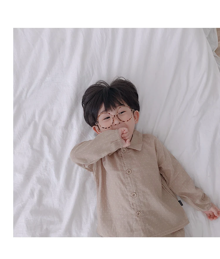 Весенние хлопковые мягкие пижамные комплекты в горошек в Корейском стиле для маленьких мальчиков от 0 до 5 лет, Детская рубашка с длинными рукавами и штаны комплекты из 2 предметов