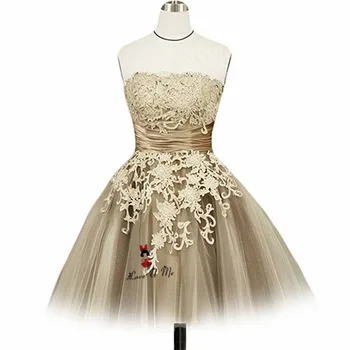 

Champagne Lace Applique Short Prom Dresses 2018 Knee Length Strapless Plus Size Formal Party Dress for Special Occasion Vestidos