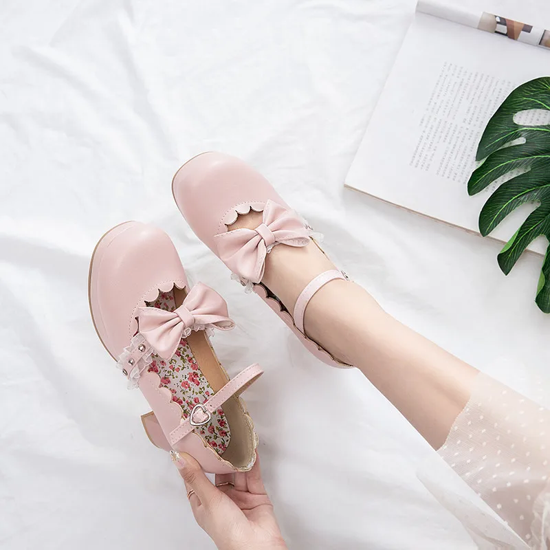 

YMECHIC 2019 Autumn Spring Mary Jane Womens Shoes Lolita High Heels Bowtie Lace Ruffles Platform Ladies Party Shoes Plus Size