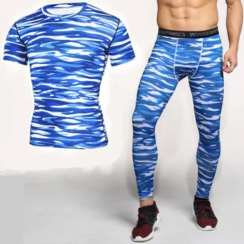 

New Men's running set Compression Tight Soccer Tracksuit Men Training Fitness Short Sleeve T-Shirt Pants Male Gym Sport Suit