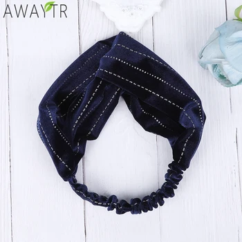 

AWAYTR Female Vintage Striped Velvet Fabric Elegant Headbands Middle Wide Side Elastic Cross Headband Women Hair Accessories