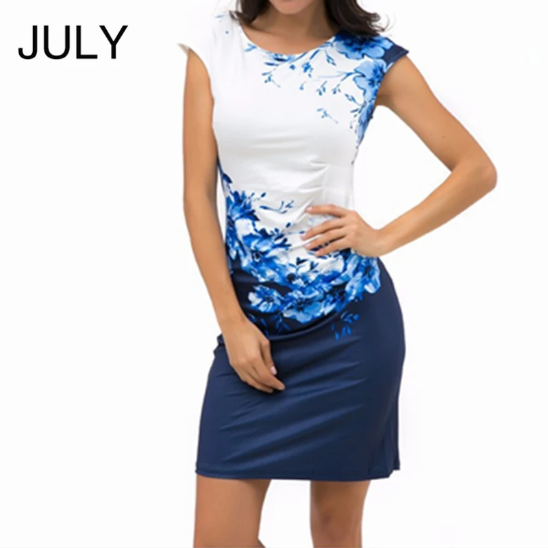 

Summer Floral Women Dress Plus Size 3XL Elegant Ladies Office Party Dress Vestido Female Slim Sheath Bodycon Dress Blue JULY