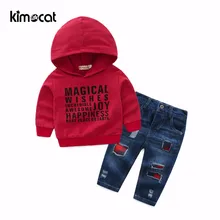 Kimocat/весенне-осенняя одежда для маленьких мальчиков с длинными рукавами и надписью, пуловер с принтом, спортивная одежда с капюшоном+ джинсы, комплект одежды для мальчиков из 2 предметов