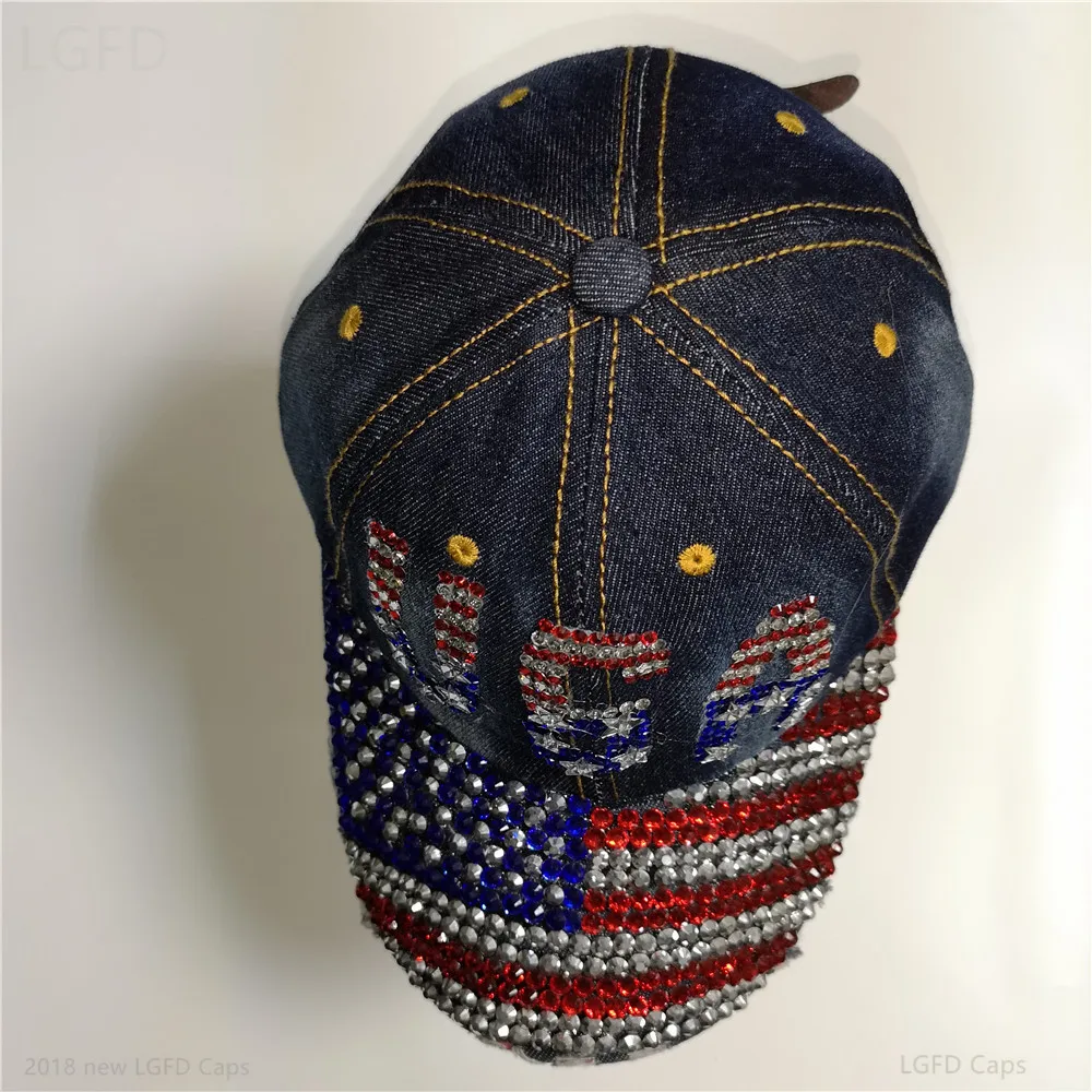 

2018 LGFD18422 women USA simple design cotton blue girls bling bling denim baseball cap