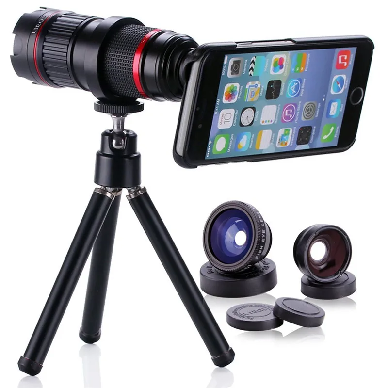 Camera Lens Kit for Apple iPhone 6s, iPhone 6s plus, iPhone 6, iPhone 6 Plus with 4X-12X Zoom Telephoto Lens, Fish Eye Lens, 10X Macro & 0.65X Wide Angle Lens - Black (2)