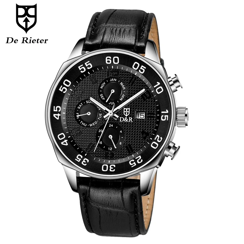 

Stainless Steel Watches Men Quartz Wrist Watch Movement with Day Date and Month Leather Strap Waterproof