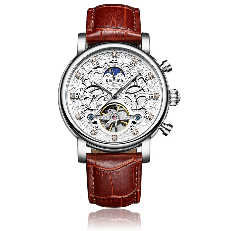 

Kinyued New Top Brand Mechanical Watches Men Hollow Skeleton Tourbillon Automatic Self-wind Hand Watch Leather Strap Wristwatch