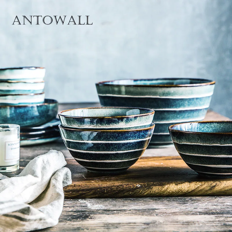 

ANTOWALL Household ceramic nice rice bowl Japanese style retro stripes soup dish bowl large size noodle bowl