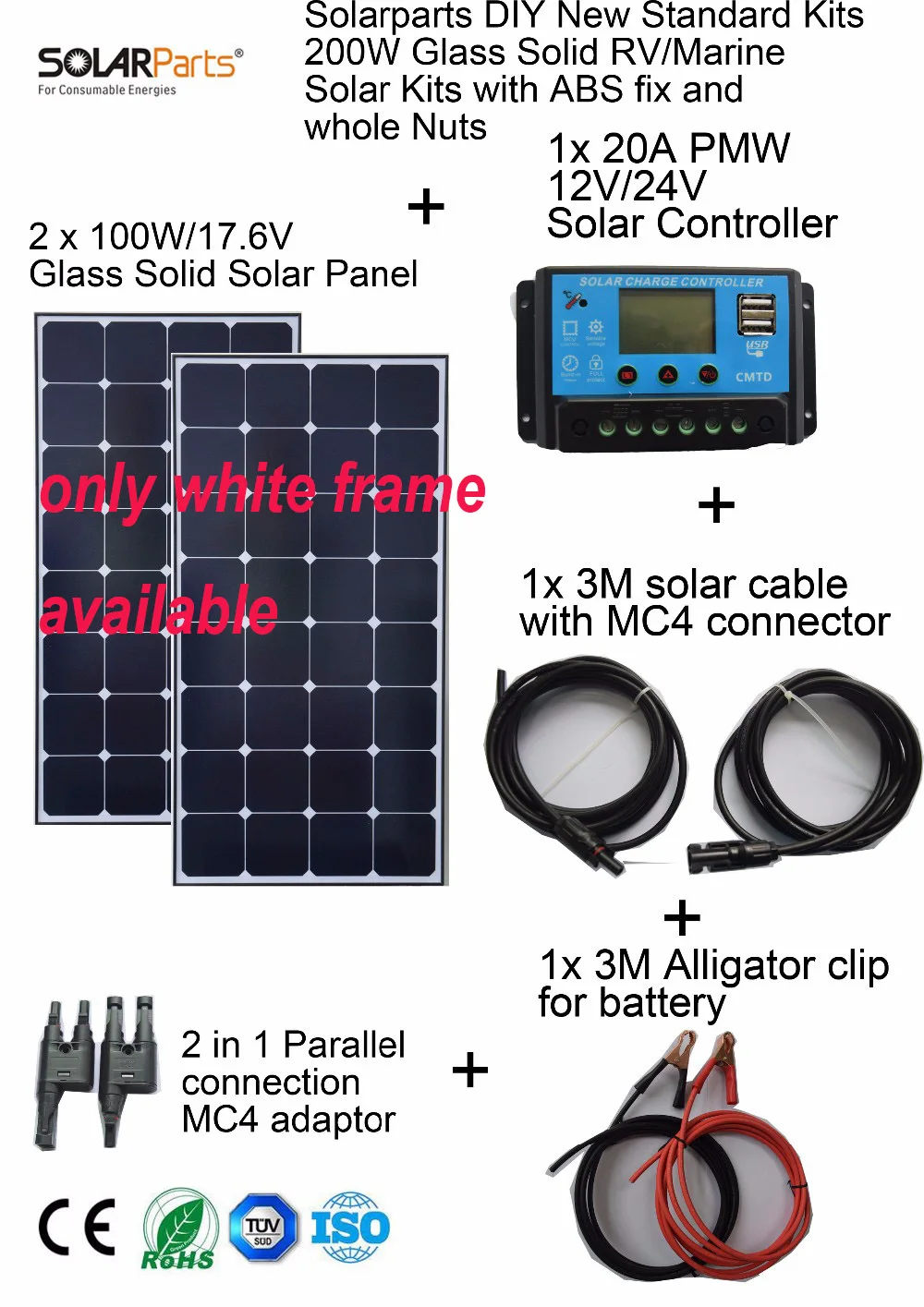 Solarparts 2x100W Monocrystalline Solar Module high efficiency back contact solar panel cell system DIY kits RV marine home camp