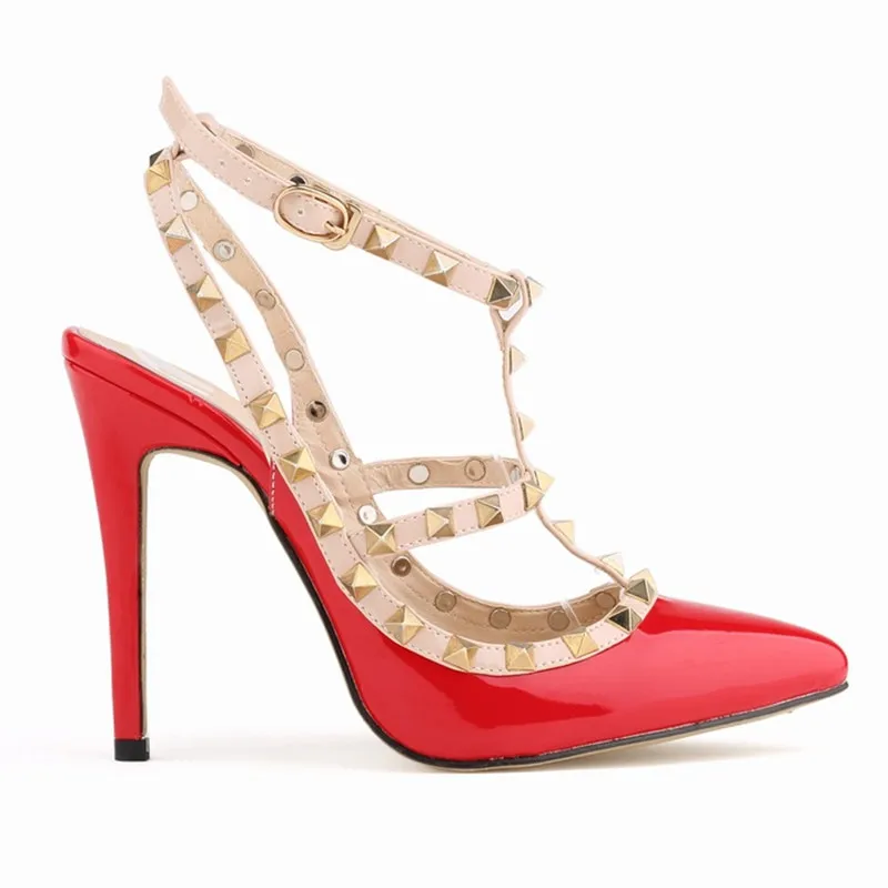 

2017 New Women's Brand Sexy Rivet Pointed Toe High-heeled Party Shoes Heel 11cm Patene Leather Ladies Sandals 9 Colors size35-41