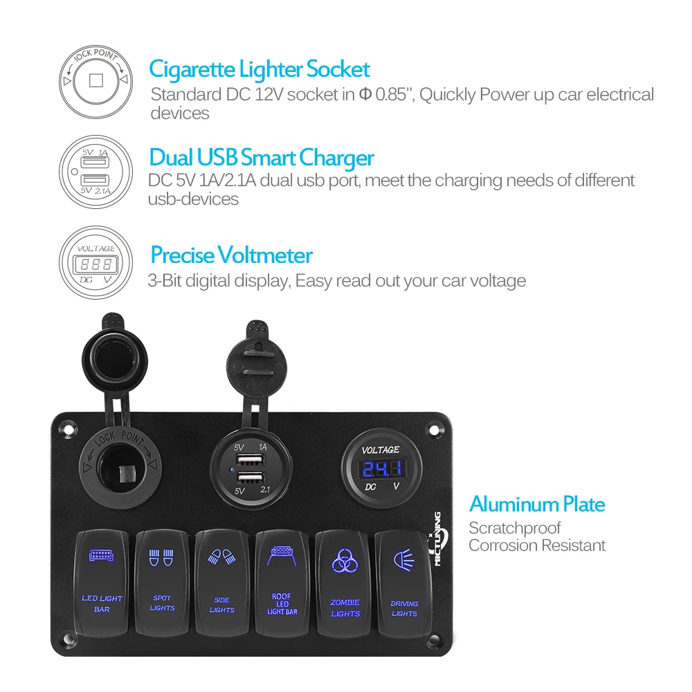  MICTUNING 6 Gang Rocker Switch Panel with DC12V Cigarette Lighter Socket Dual USB Charger LED Digit - 32963394853