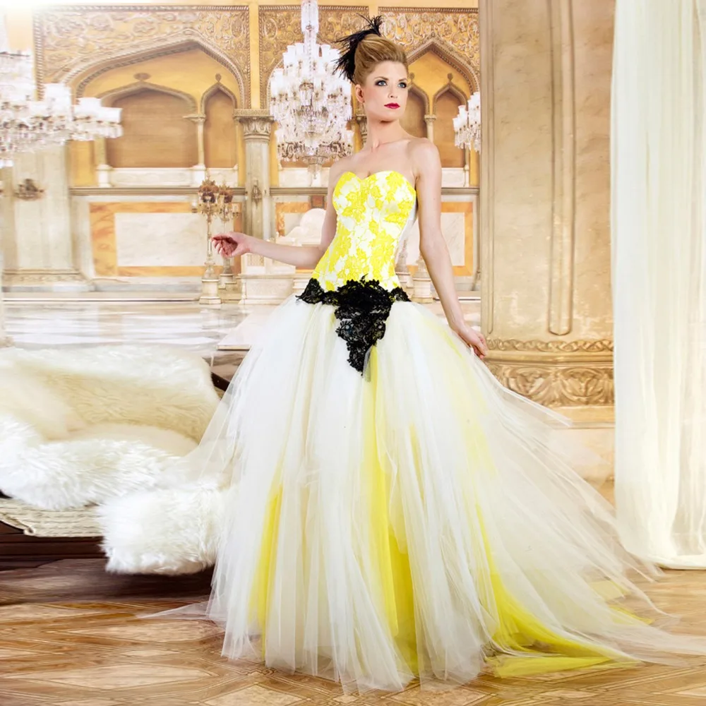 white and yellow wedding dress