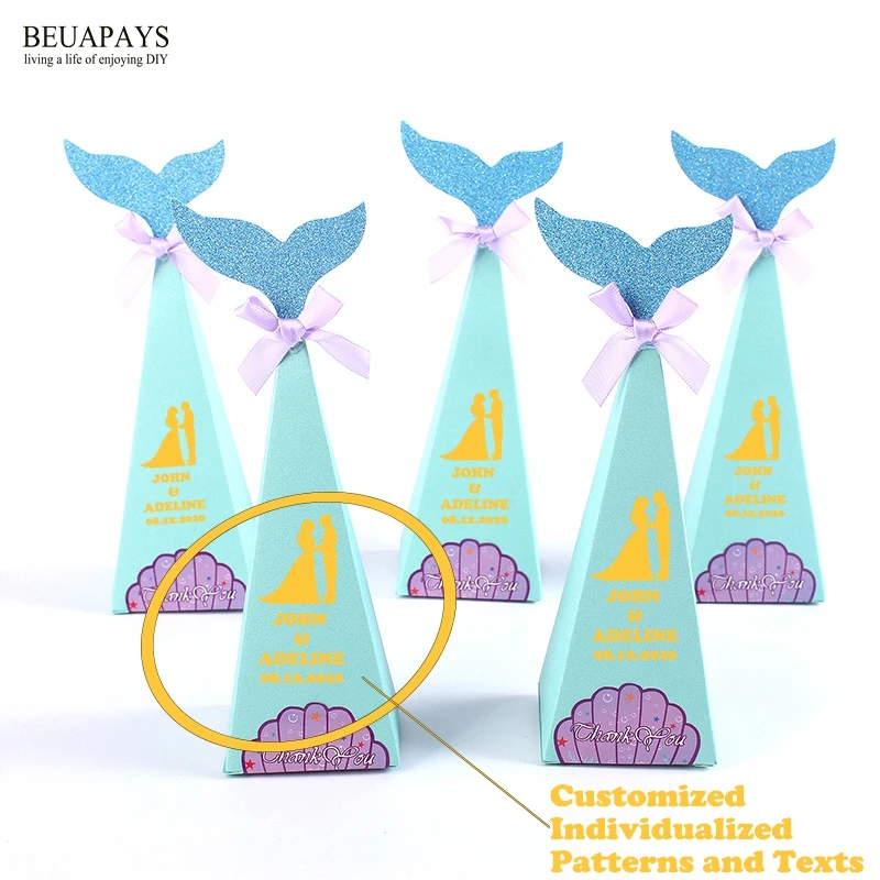 

100pcs Personalized Customizing name date wedding Blue Mermaid Candy Box DIY Wedding Party Sugar Box Customization Cross-border