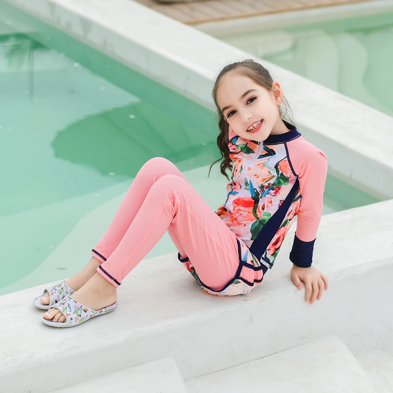 مراهق بنات طفح الحرس ملابس السباحة 2 قطعة طويلة الأكمام سترة السراويل الملونة تصفح لباس سباحة Rashguard ملابس الغوص 2019