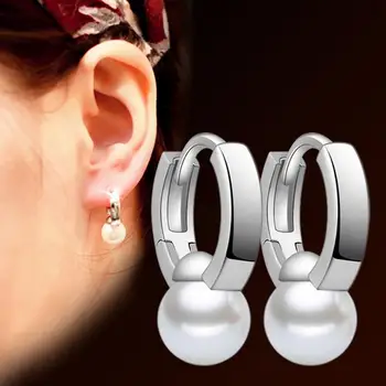 

Real 925 Sterling Silver Hoop Earrings with Imitation Pearl Geometric Silver Earrings for Women Wholesale Jewelry NY101