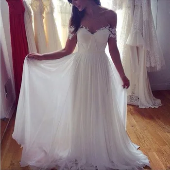 

Sexy Chiffon Beach Wedding Dress Vestidos De Novia Elegant Vintage Boho Cheap Wedding Dress A-Line Lace Appliqued Bridal Gown