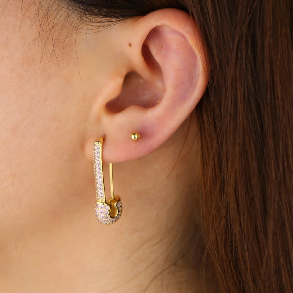 

gold filled delicate pink colorful earring paperclip safety pin studs fashion elegant women jewelry