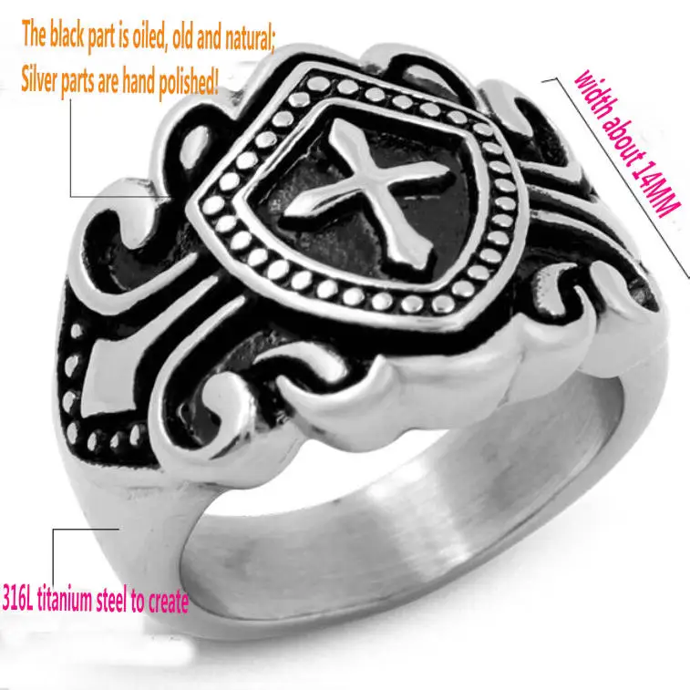 cheap Punk Stainless Steel Cross Ring Men #039;s Vintage Shield Carved Titanium Steel Ring