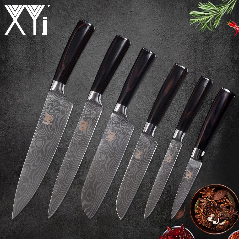 

XYj Cooking Stainless Steel Knife Set Meat Vegetable Kitchen Tools Chef Slicing Santoku Utility Paring Damascus Pattern Knives