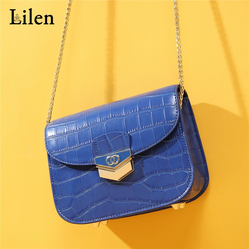 

LILEN Summer Bags New Crocodile Pattern Girls Simple Solid Color Leather Bags Wild Fashion Shoulder Crossbody Flap Bag