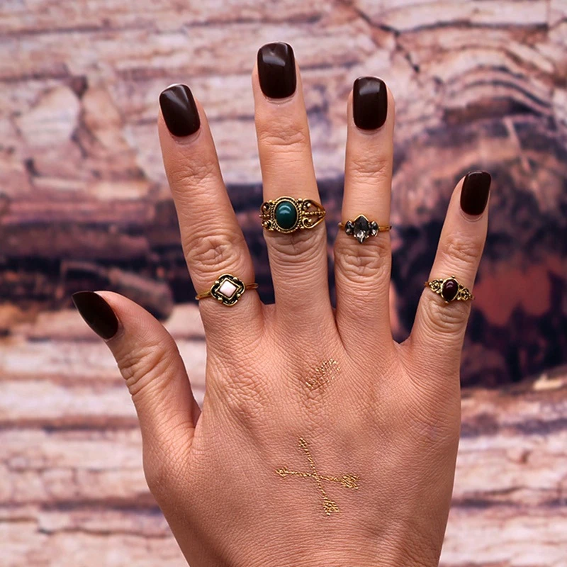 

SHUANGR Vintage Knuckle Ring Set for Women Fashion Anel Aneis Bague Femme Stone Silver Midi Finger Rings Boho Jewelry 4pcs/Set