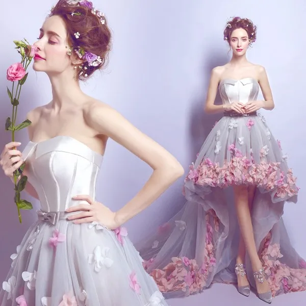 2020 Flowers Prom Dresses Short Front Long Back Evening Gown Gray Organza Fashion Party Formal Gown for Graduation