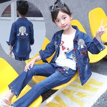 Комплект джинсовой одежды высокого качества для маленьких девочек, футболка с принтом птицы и джинсовая куртка и штаны комплект одежды из 3 предметов для 6, 8, 12 лет