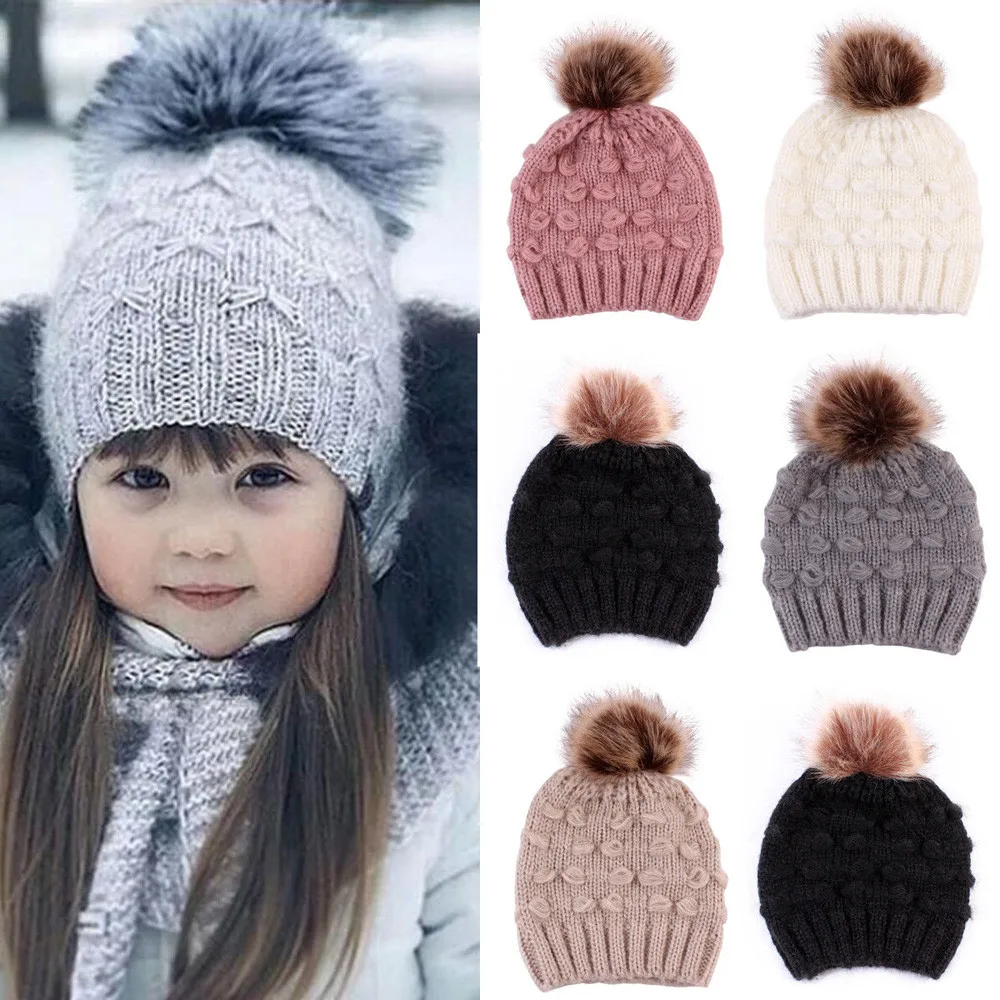 

Cute Toddler Kids Girls Boys Winter Warm Crochet Knitted Hat Infant Baby Beanie Solid With Cute Pom Ball Fashion Casual Cap