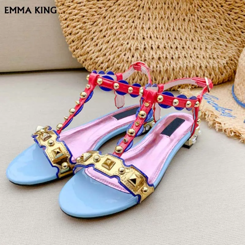 

2019 New Summer Rivet Sandals Women Bohemia Mixed colors Pearl Rhinestone Open toe Flat Sandalias Mujer Trendy Shoes Woman