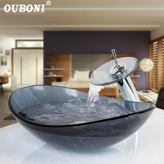 Us 132 16 39 Off Ouboni Black Tempered Glass Ingots Washbasin Lavatory Sink Waterfall Glass Basin Combine Brass Counter Top Faucet Mixer Tap In