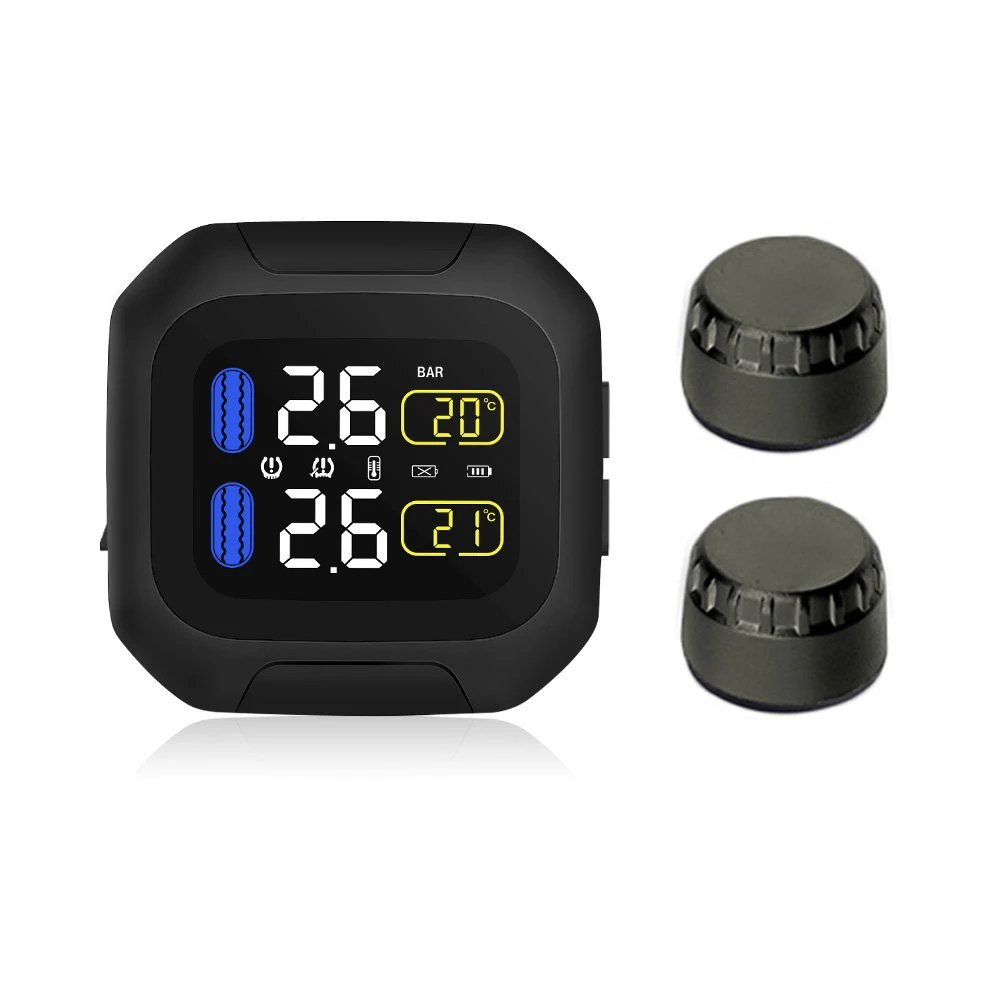 

Wireless Motorcycle Tire Pressure Monitoring System TPMS with 2x External Sensors, LCD Display Tyre Pressure + Temperautre DY224