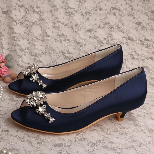 21 Warna Wedopus Navy Blue Satin Bridal Prom Sepatu Rendah Heel