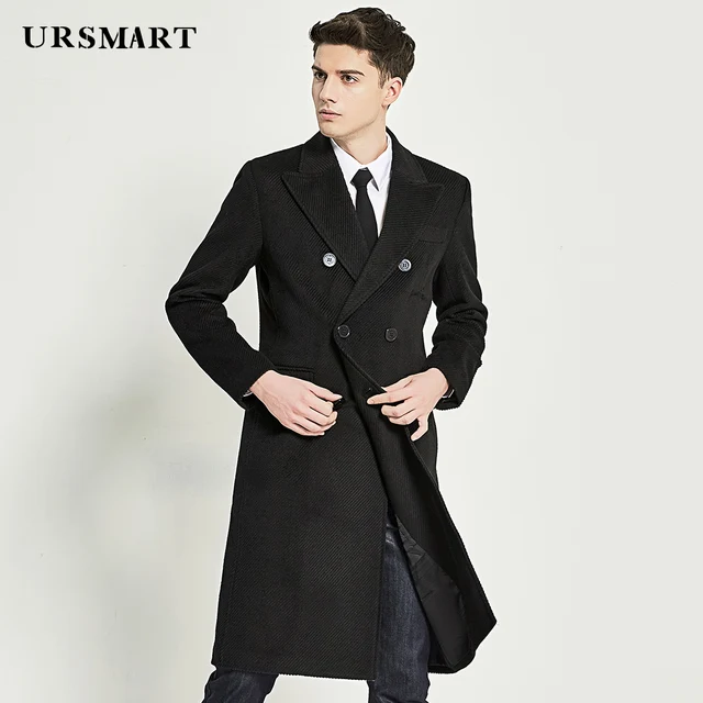 URSMART Authentic long style double breasted men's coat business casual ...