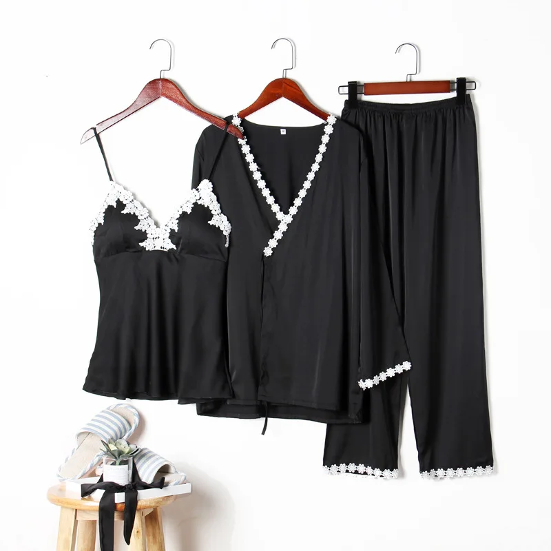 

3 piece Lace Nightwear elegant Pajamas Set big Size Bathrobe Women Satin Sexy Lingerie home Sleepwear Set japanese kimono