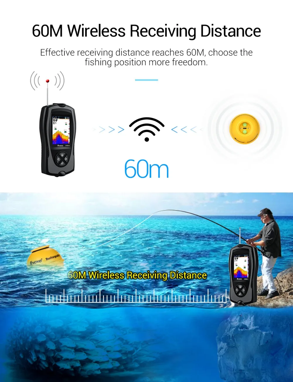 Eyoyo EF001C المحمولة سونار صياد السمك 147ft 45 متر عمق كشف اللون LCD إنذار أسلم المحمولة Fishfinder جذابة مصباح