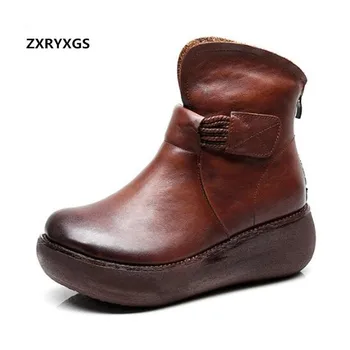 

2019 New Fashion Winter Women Boots Retro Fashion Casual Shoes Increase Thick Bottom Wedges Genuine Leather Boots Women Shoes