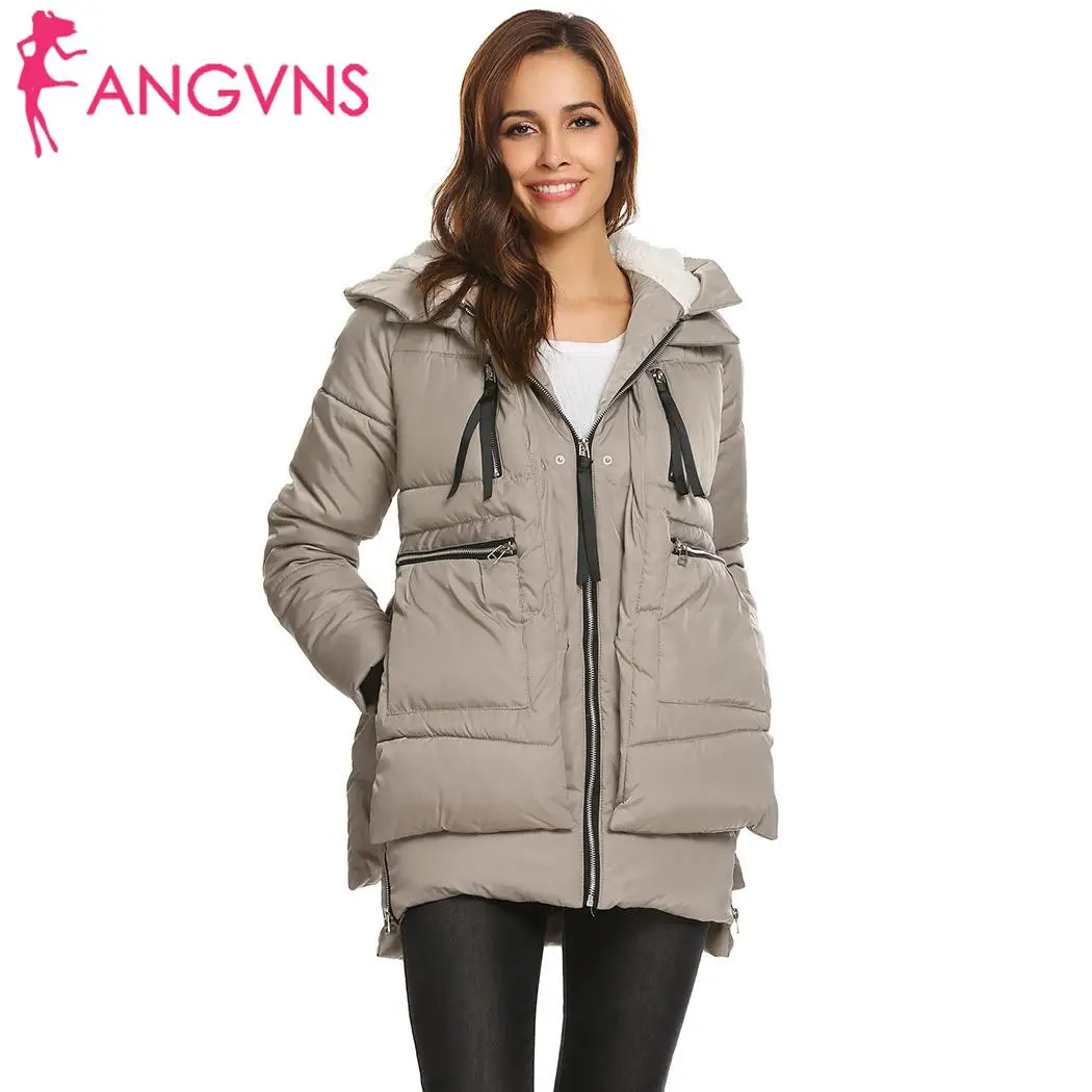 ANGVNS лоскутное пальто для женщин Асимметричный зимний с капюшоном дизайн на молнии с длинным рукавом Повседневная утепленная верхняя одежда топы