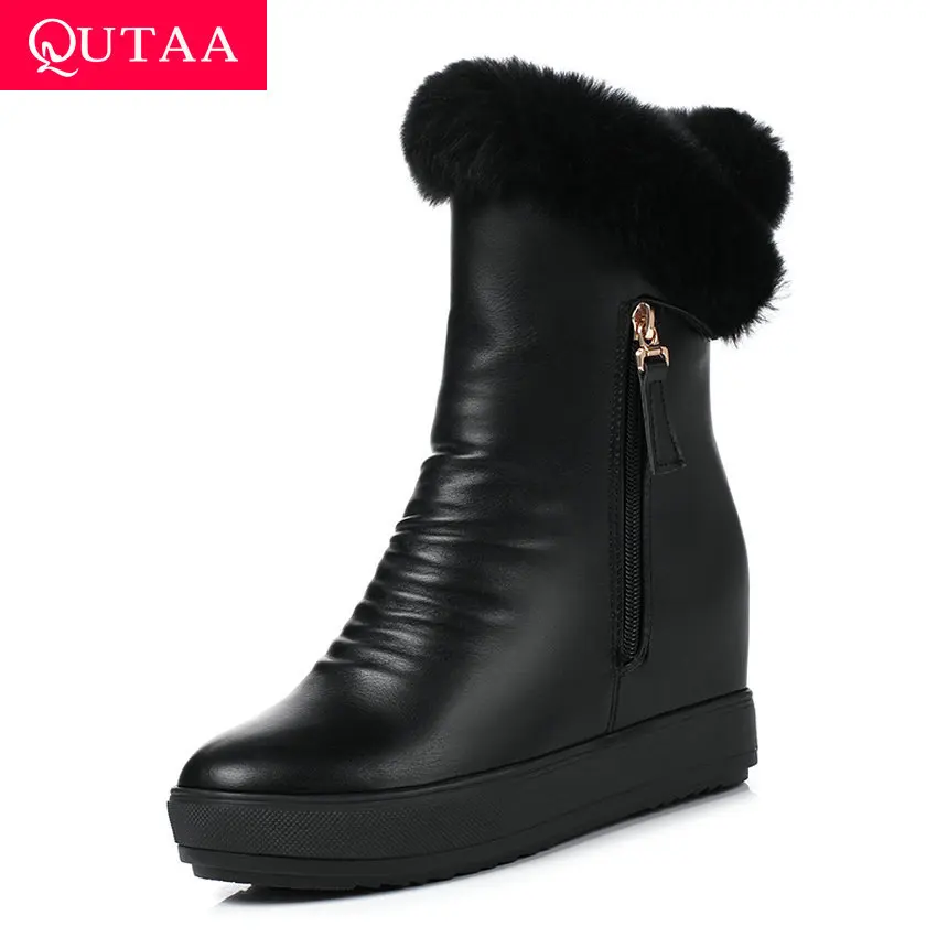 

QUTAA 2020 Height Increasing Winter Women Shoes PU Leather Casual Round Toe Snow Boots Zipper Platform Ankle Boots Size 34-40